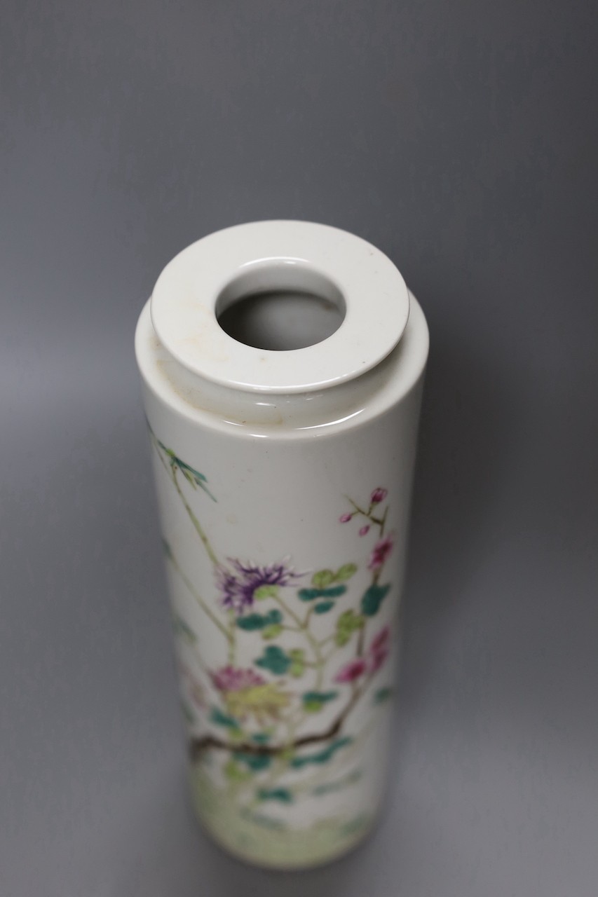 A Chinese cylindrical famille rose vase, 23.5 cms high